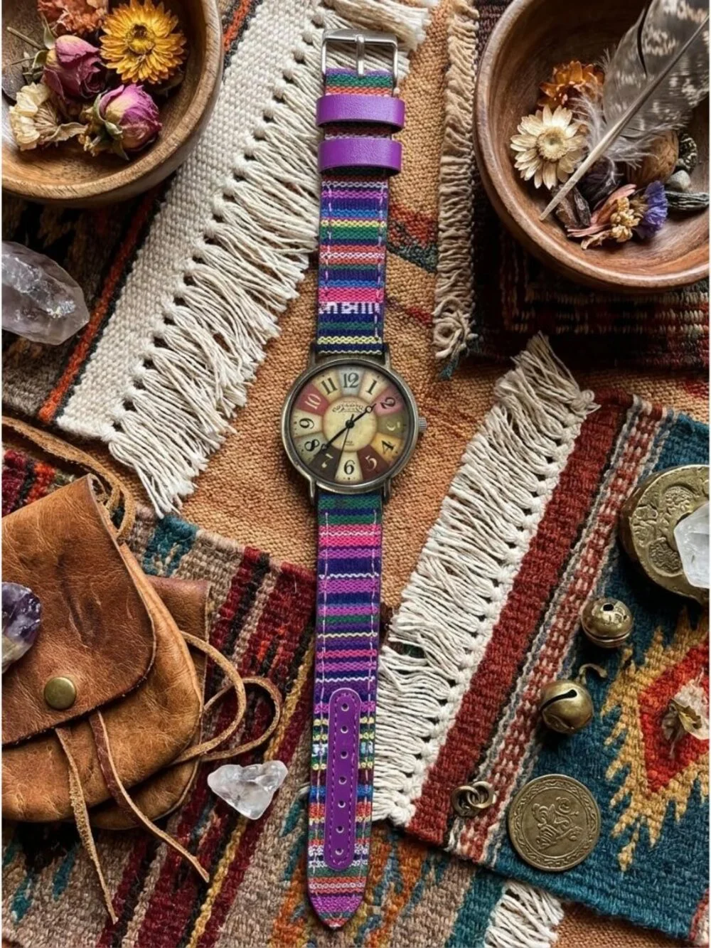 Women's Purple Creative Multicolor Woven Strap Fashion Rainbow Pattern Watches
